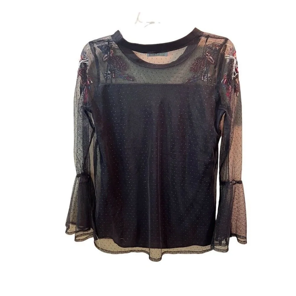 Paradiso Women's Floral Embroidered Mesh Top Black S Bell Sleeves - Picture 6 of 8